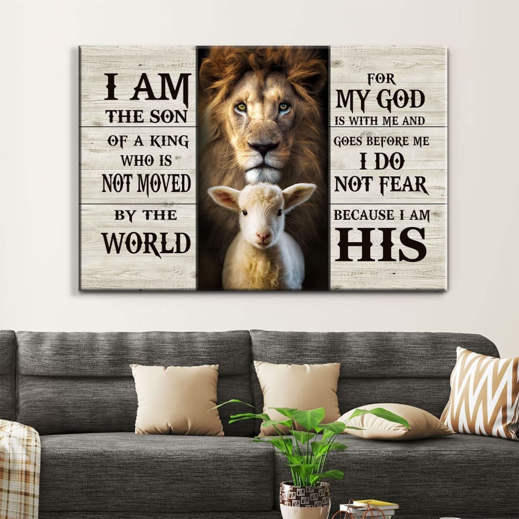 Christian wall art featuring Lion and the Lamb with "I Am the Son of a King" message, perfect faith-based decor.