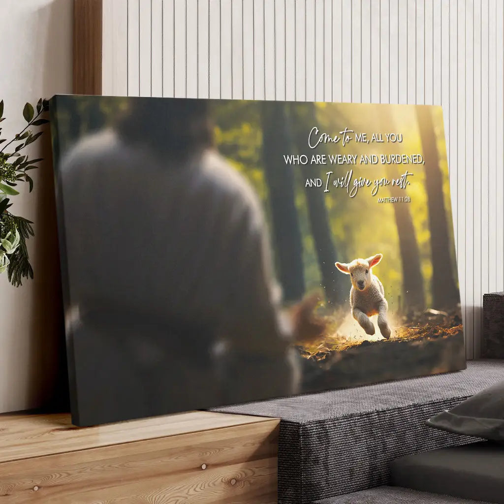 Christian artwork of Matthew 11:28, "Come to me all who are weary," with a lamb running to Jesus, perfect wall decor.