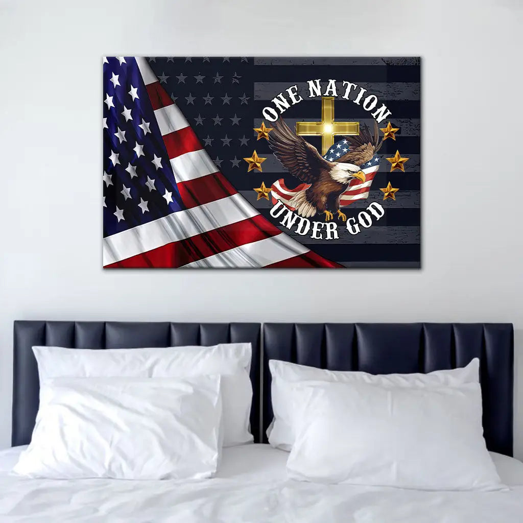 One Nation Under God Bald Eagle American Flag Cross Wall Art Canvas