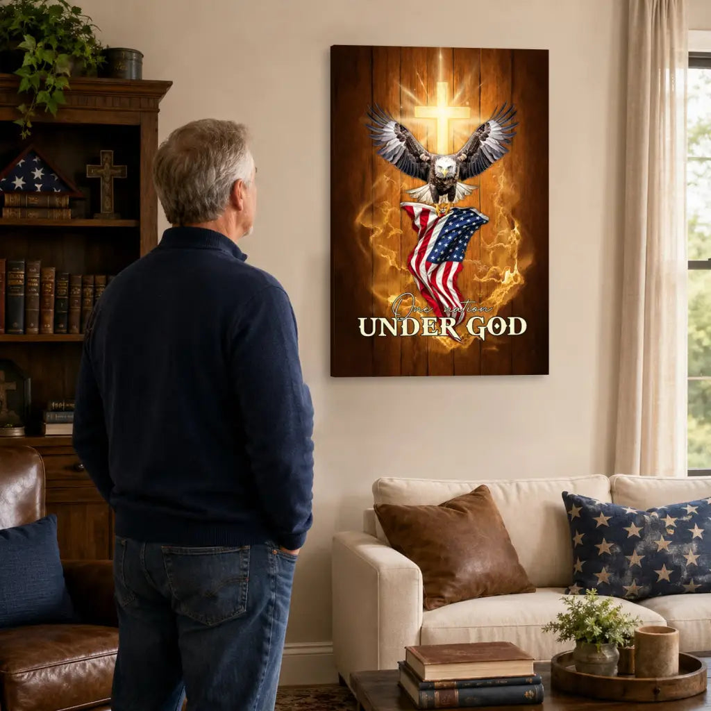 One Nation Under God wall art canvas featuring bald eagle and United States flag