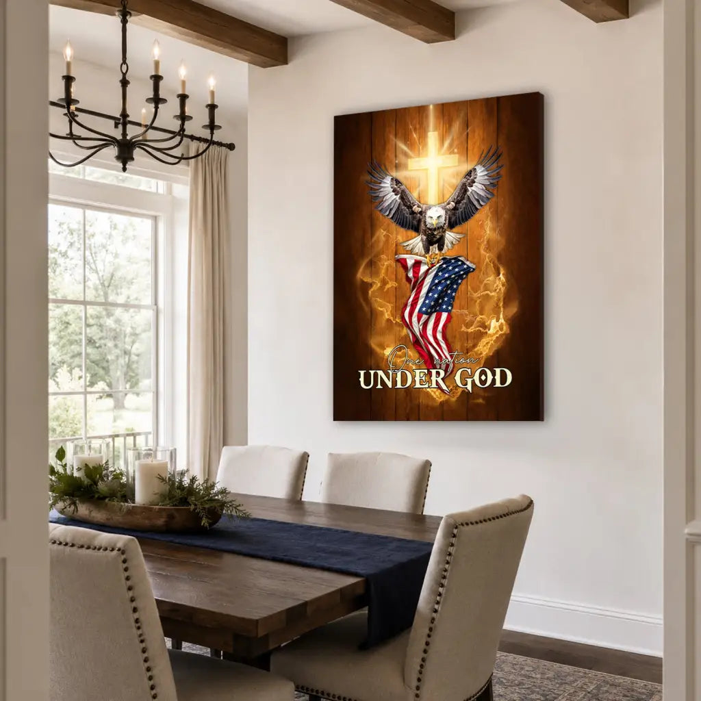 Patriotic Christian wall art with American bald eagle flag and One Nation Under God