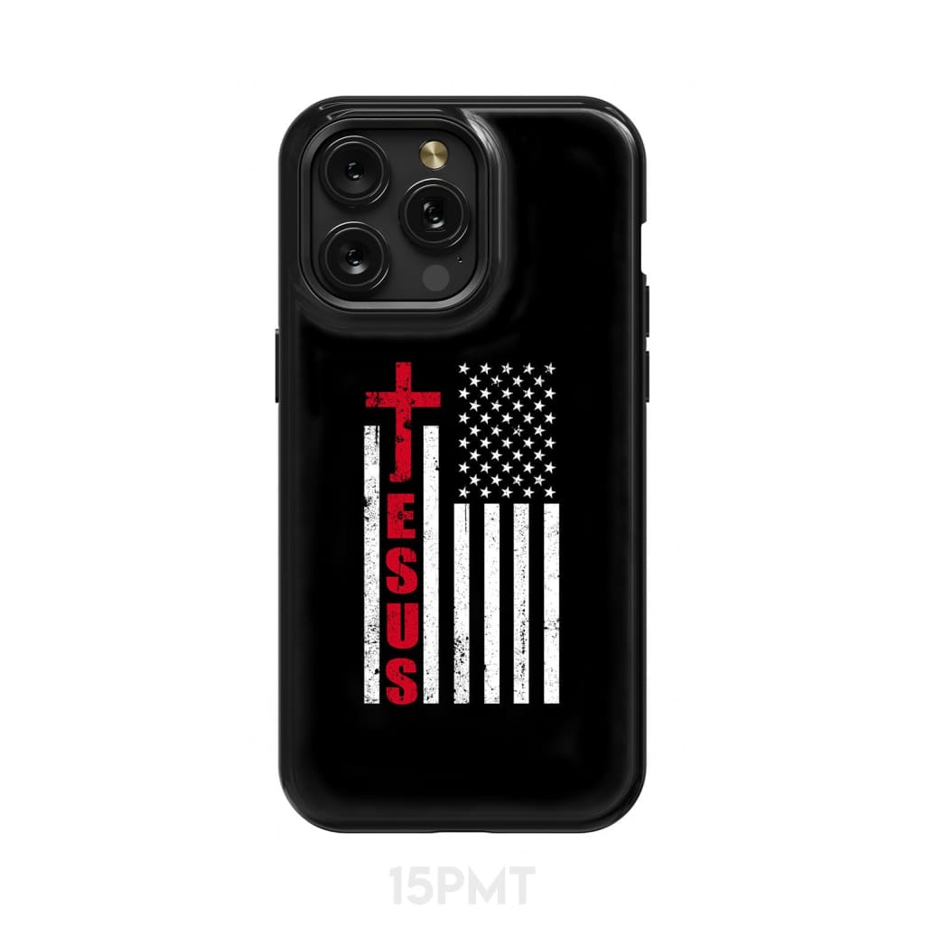 Patriotic phone cases: Jesus word cross with American flag Christian case iPhone 15 Pro Max / Tough