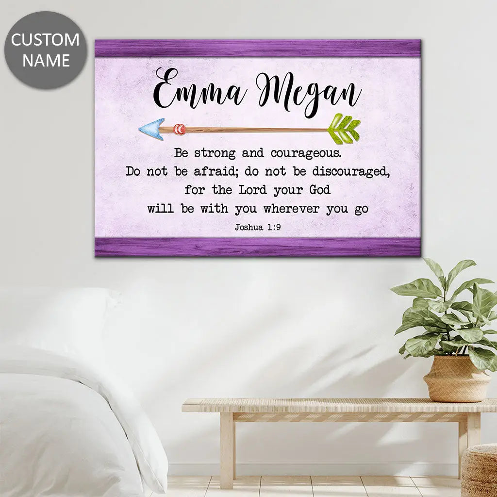 Faith-based personalized wall art with Joshua 1:9, "Be Strong and Courageous," and custom name on purple background.
