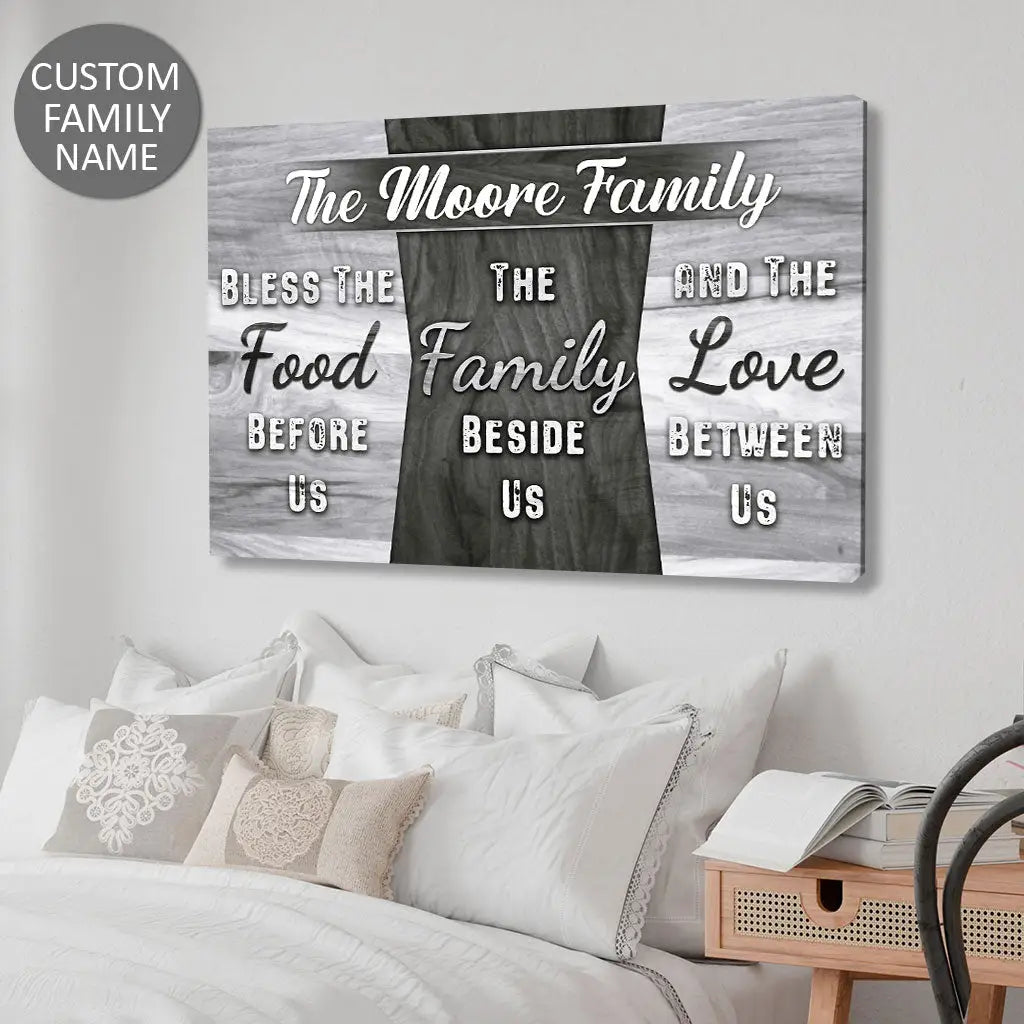 Christian wall art with "Bless the Food Before Us" and custom family name, perfect for faith-based home décor.