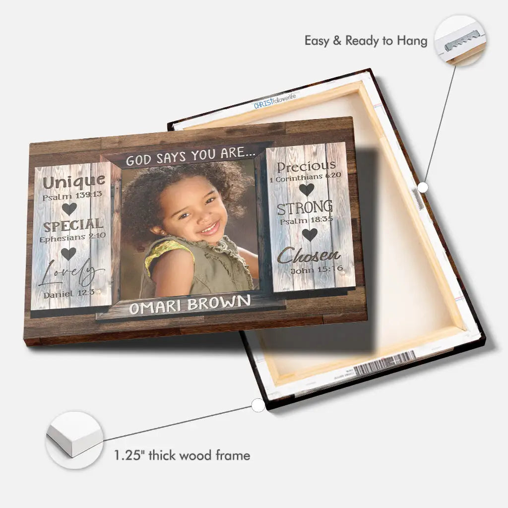Faith-based wall art with "God Says You Are," personalized photo, and name, perfect for Christian home décor.