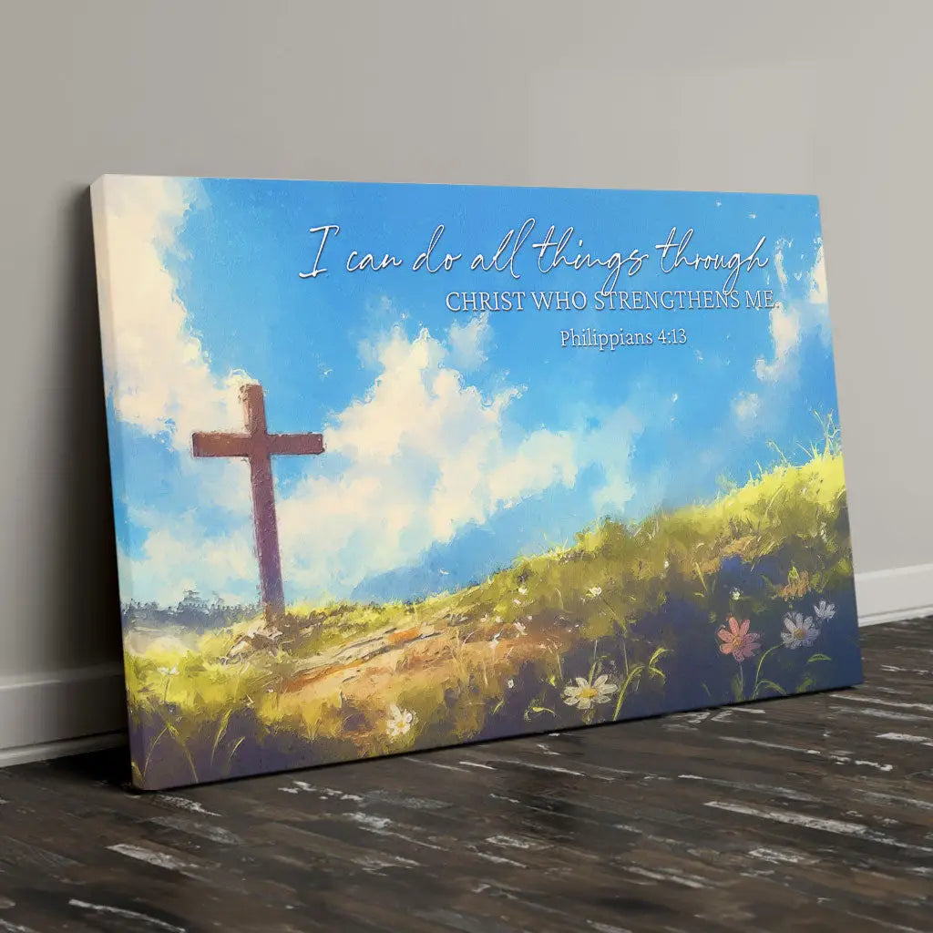Inspirational canvas print with Philippians 4:13, "I Can Do All Things Through Christ," and wooden cross, ideal Christian home decor.