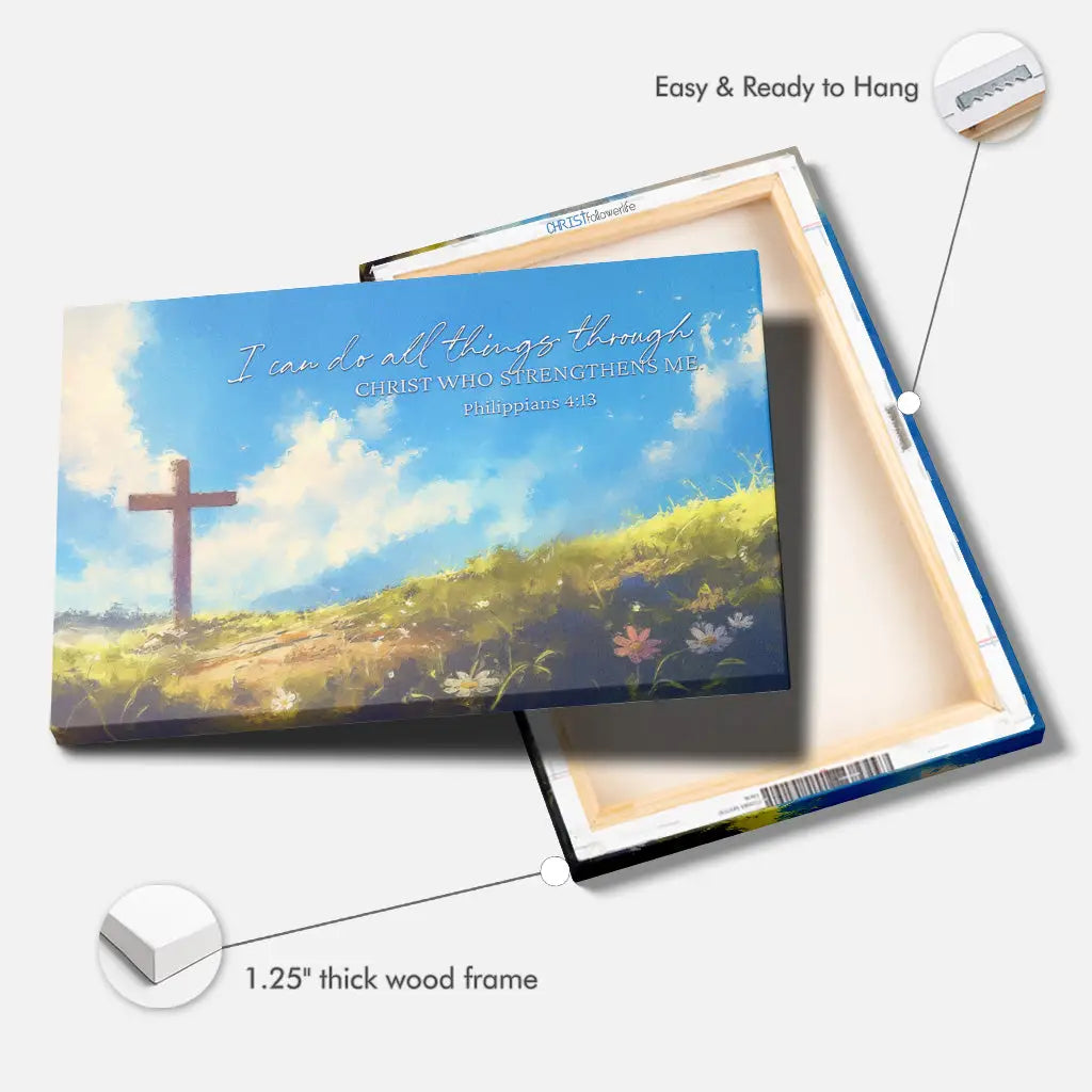 Christian canvas print with Philippians 4:13 Bible verse and wooden cross, "I Can Do All Things Through Christ," ideal inspirational wall art.