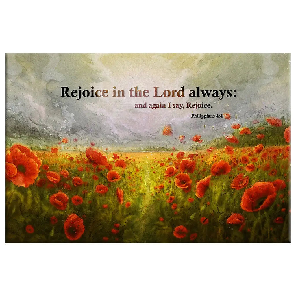 Faith-based Bible Verse decor with Philippians 4:4, "Rejoice in the Lord always," featuring a serene sky and a beautiful field of red poppies.