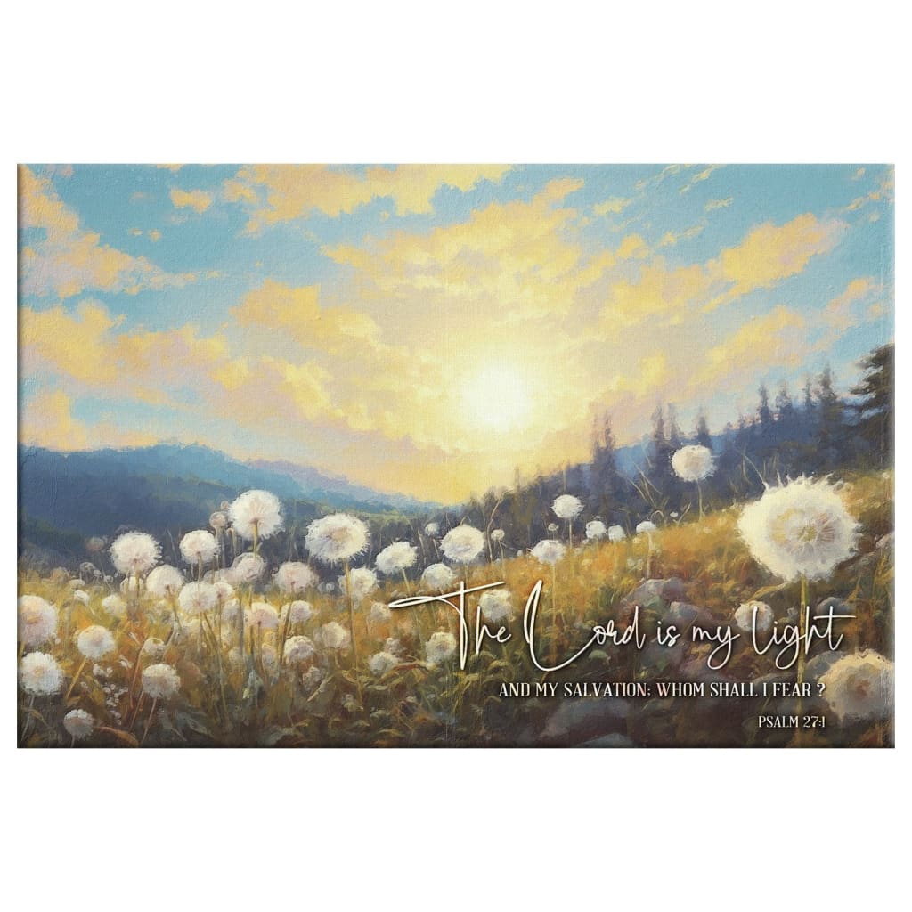 Faith-based decor with Psalm 27:1, "The Lord is my light and my salvation," paired with a calming sunset over dandelions.