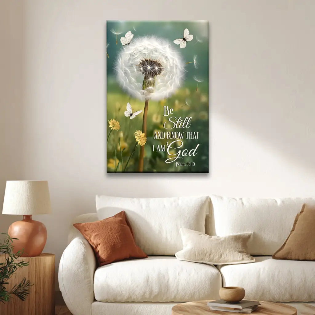 Be Still and Know canvas, Christian gift with Bible verse, butterflies, and dandelion for comfort and faith.