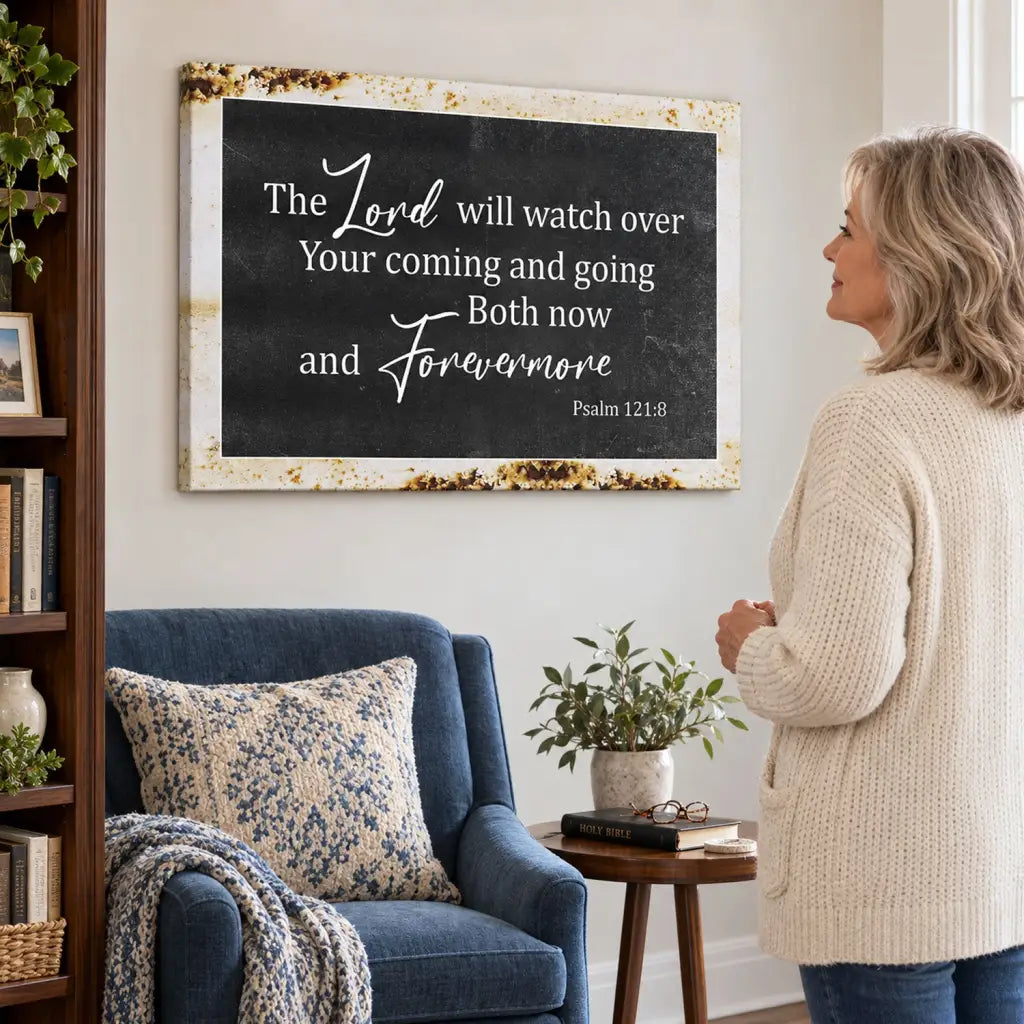 Rustic Christian Wall Art: The Lord Will Watch Over Your Coming Going Canvas Print