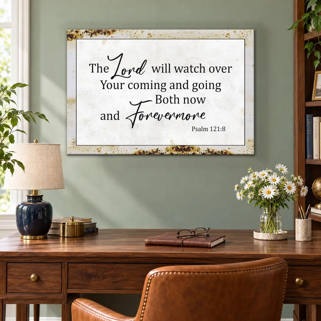 Rustic Christian Wall Art: The Lord Will Watch Over Your Coming Going Canvas Print White / 12’’ x 8’’