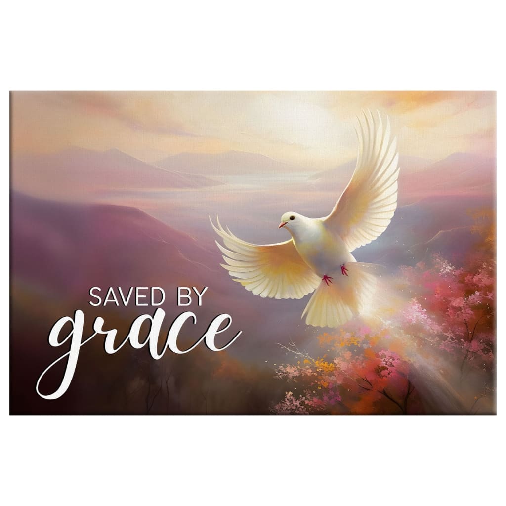 Beautiful Christian wall art displaying the phrase "Saved by Grace," with a serene sunrise and dove, enhancing any faith-based space.
