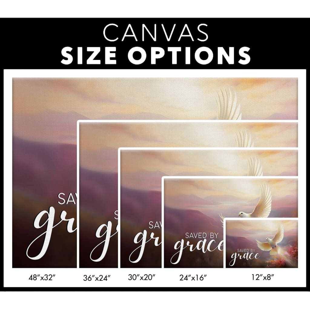 Faith-based wall art canvas featuring a divine sunrise and dove alongside the powerful message "Saved by Grace," perfect for home decor / size options.