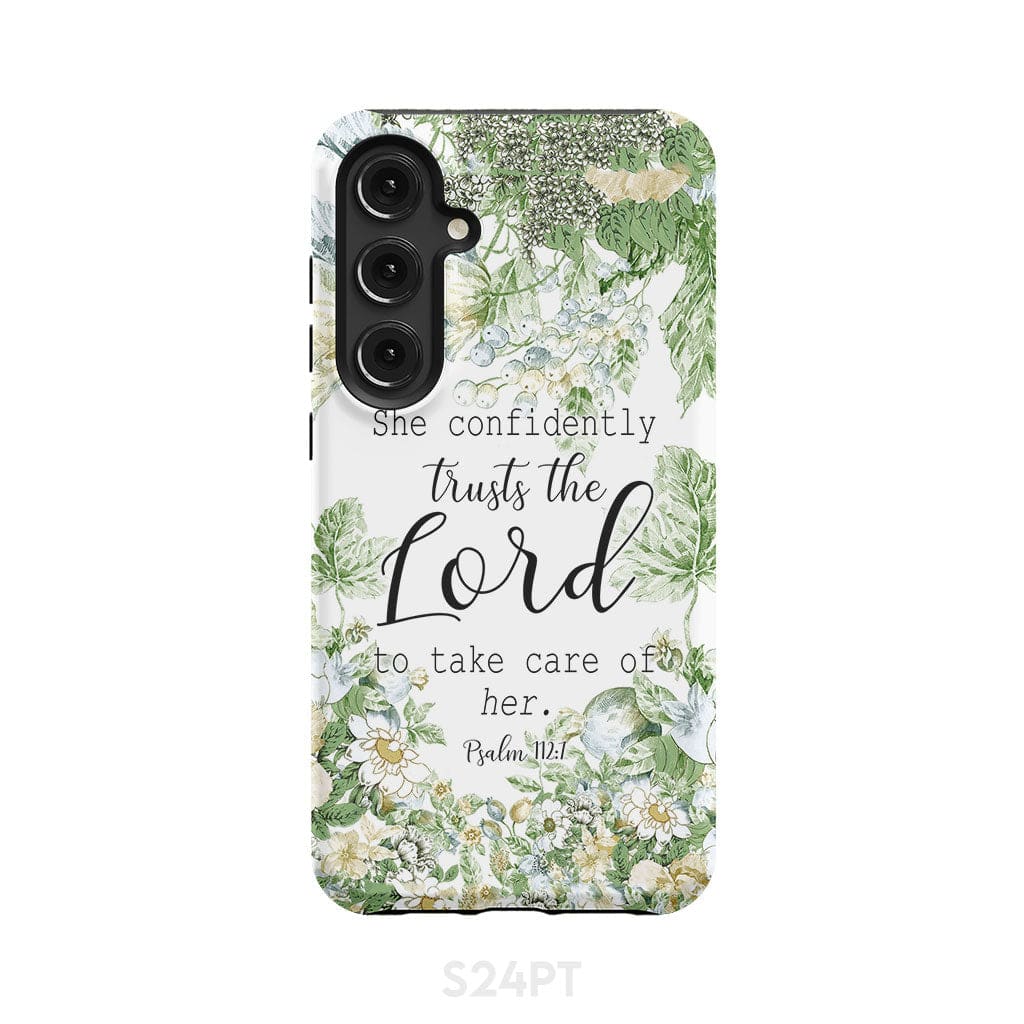 She confidently trusts the lord to take care of her Psalm 112:7 phone case Samsung Galaxy S24 Plus / Tough