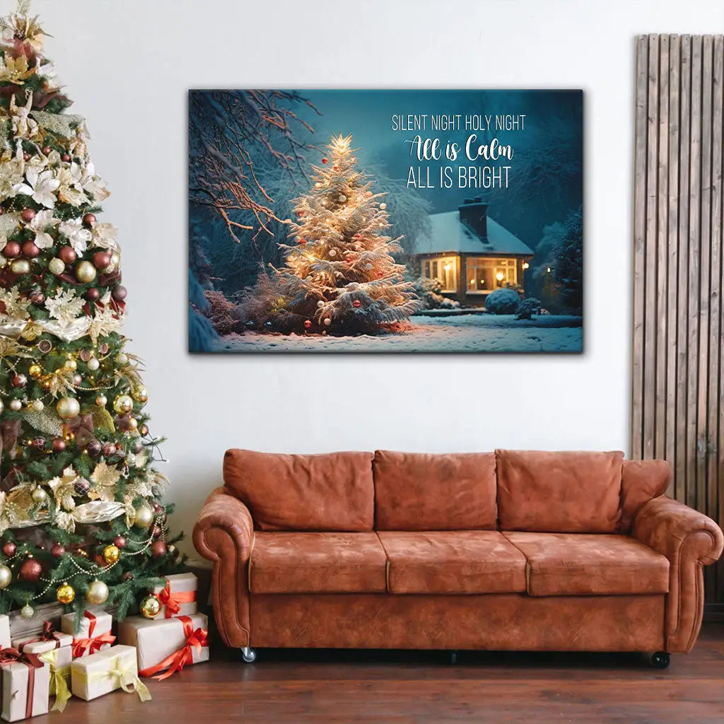 "Silent Night Holy Night" canvas featuring a lit Christmas tree in a snowy yard, ideal Christian gifts.