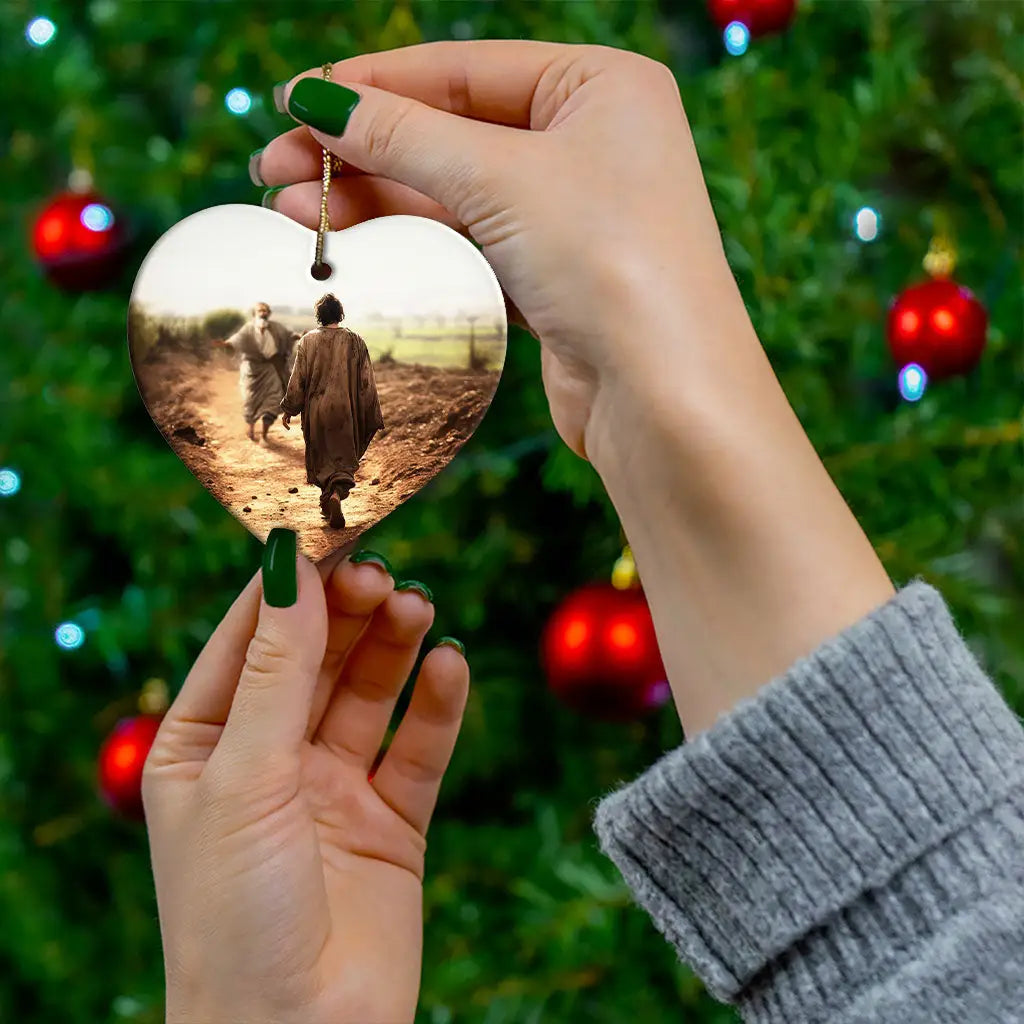 Religious Christmas ornament portraying forgiveness, hope, and the beauty of reconciliation.