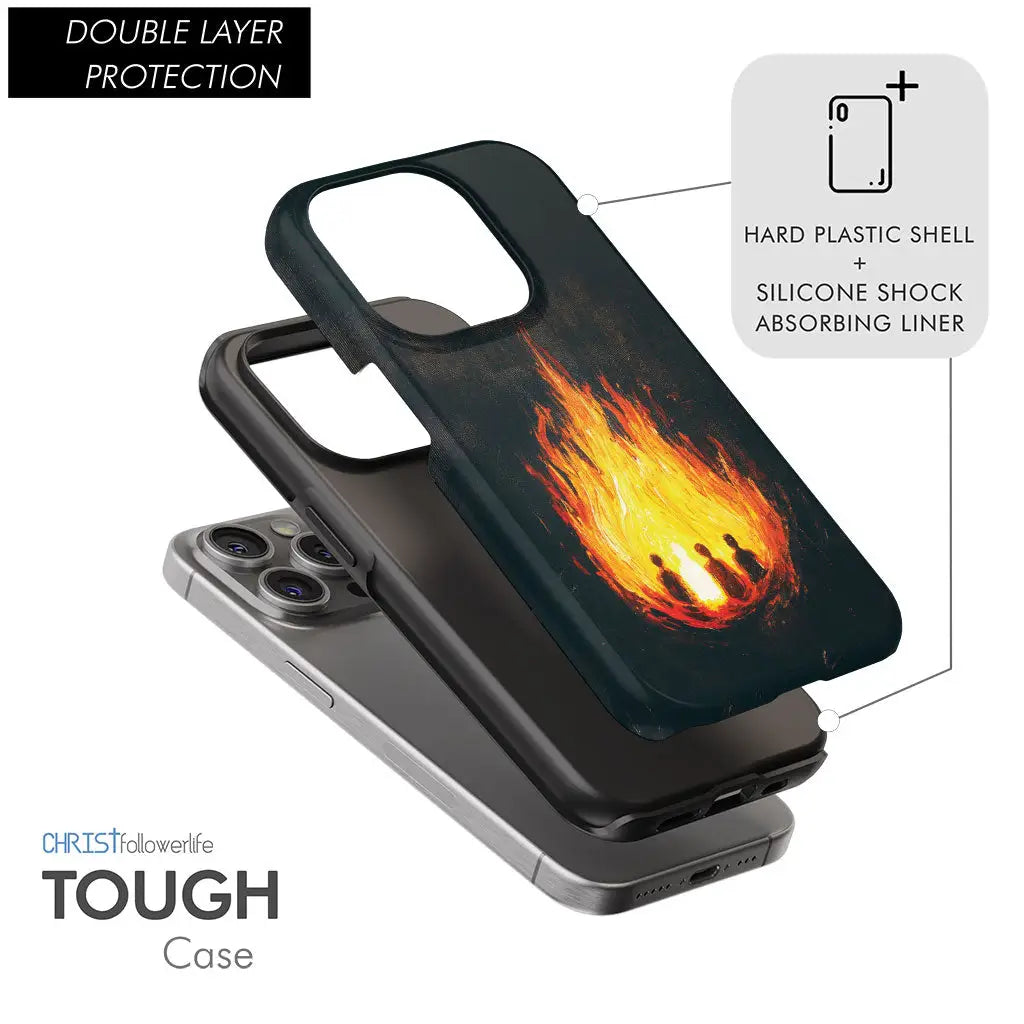 Fiery Furnace phone case with Shadrach, Meshach, and Abednego unharmed in flames, Christian gift.