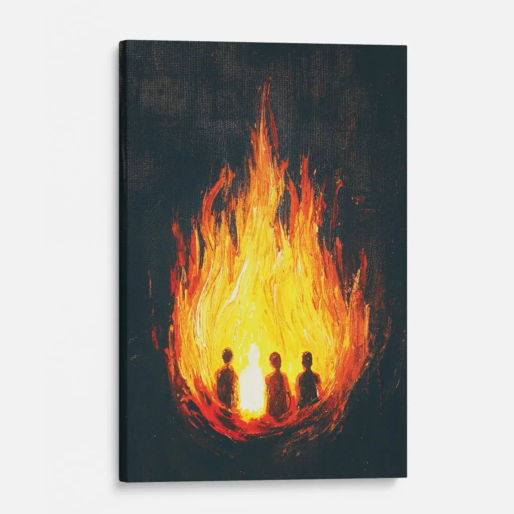 Fiery Furnace wall art canvas depicting Shadrach, Meshach, Abednego, and Son of God.