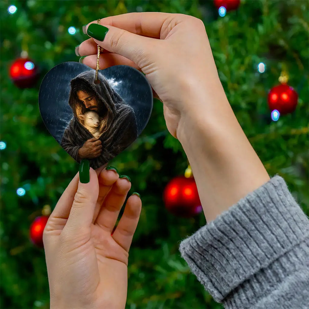 Christian gift ornament with Jesus the Good Shepherd and lamb in the rain Luke 15 design