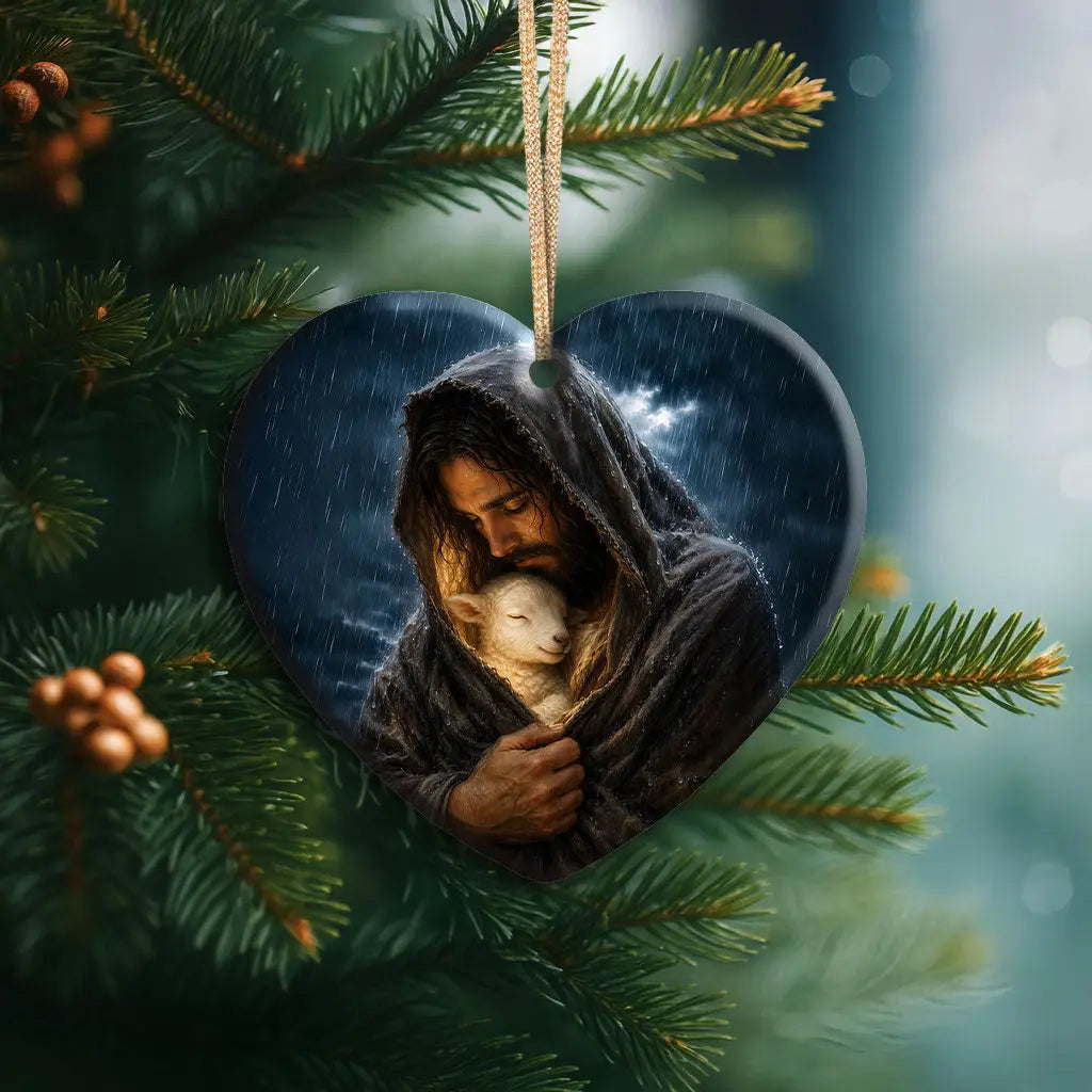 The Good Shepherd shelters His lamb Christian ornament inspired by Luke 15 Bible story Heart / 1-pack