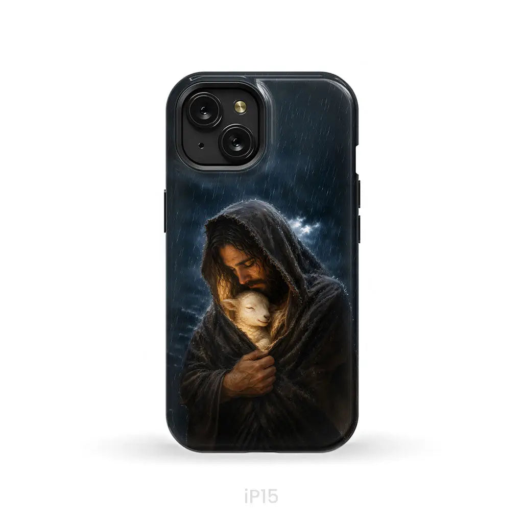 The Good Shepherd Shelters His Lamb In The Rain – Luke 15 – Christian Phone Case iPhone 15 / Tough Case