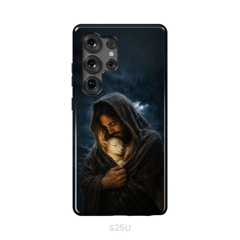 The Good Shepherd Shelters His Lamb In The Rain – Luke 15 – Christian Phone Case Samsung Galaxy S25 Ultra / Tough Case