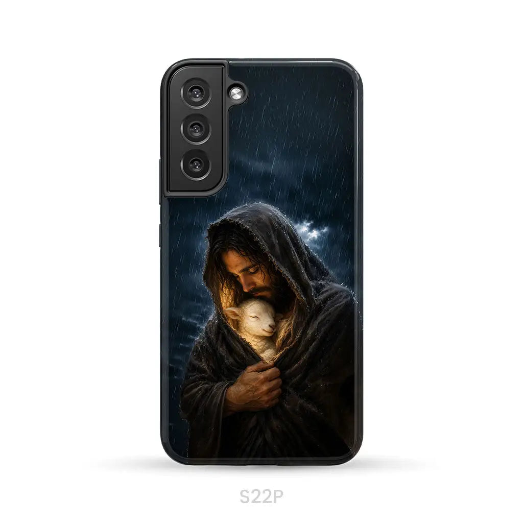 The Good Shepherd Shelters His Lamb In The Rain – Luke 15 – Christian Phone Case Samsung Galaxy S22 Plus / Tough Case