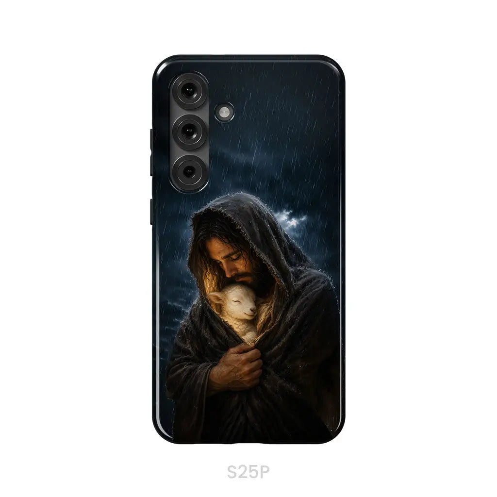The Good Shepherd Shelters His Lamb In The Rain – Luke 15 – Christian Phone Case Samsung Galaxy S25 Plus / Tough Case