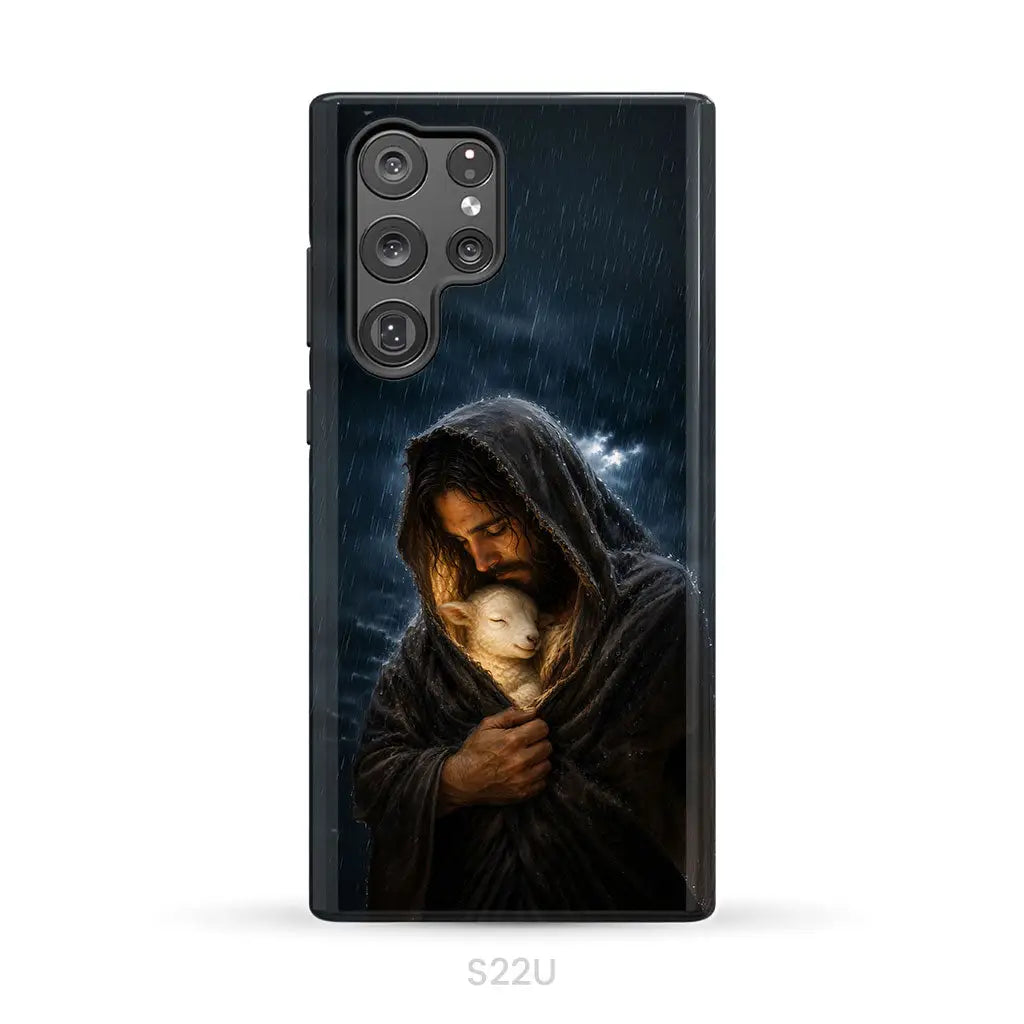 The Good Shepherd Shelters His Lamb In The Rain – Luke 15 – Christian Phone Case Samsung Galaxy S22 Ultra / Tough Case