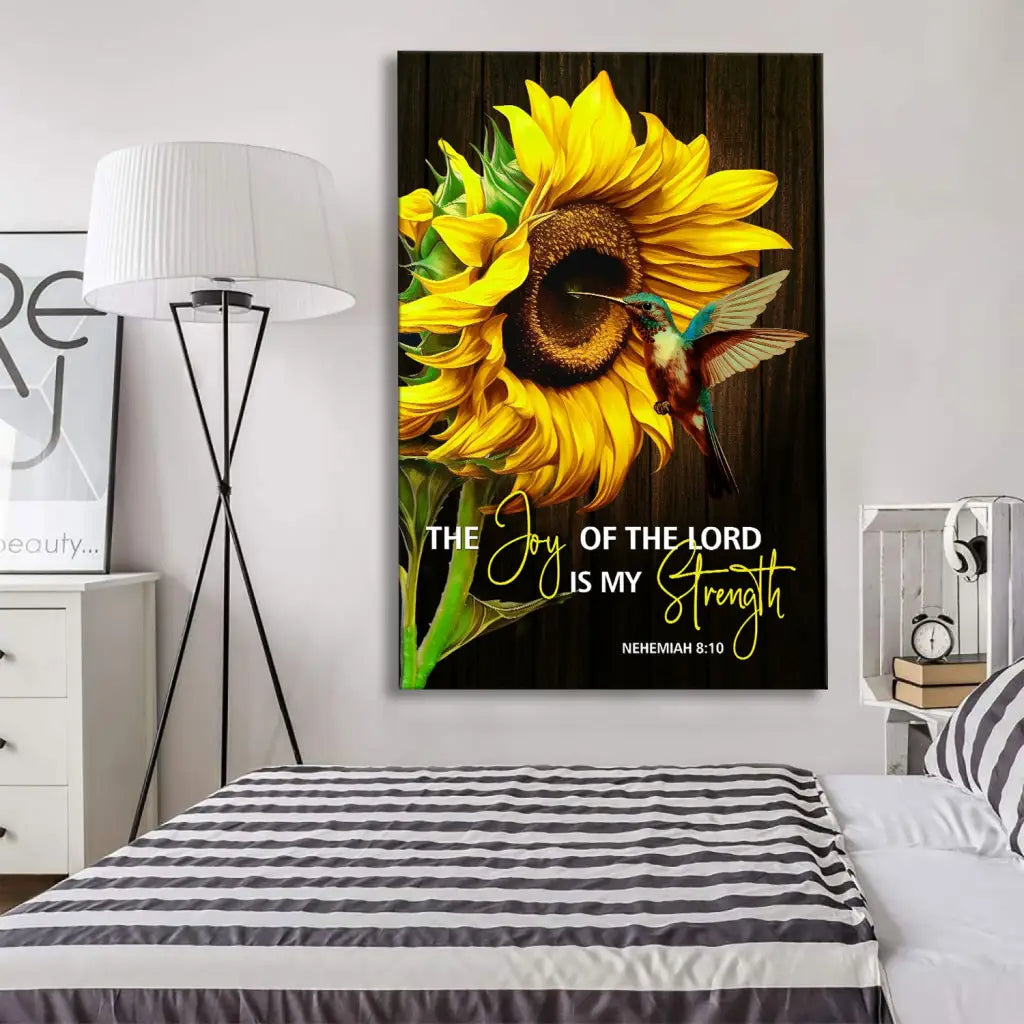 Bible verse wall art featuring Nehemiah 8:10, a cheerful sunflower, and a hummingbird, ideal for Christian gifts and decor.