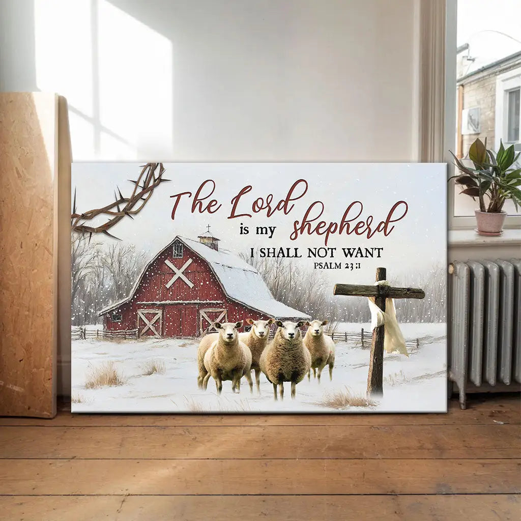 Christmas wall art canvas: "The Lord is My Shepherd" Psalm 23:1, featuring a rustic red barn and sheep. Christian decor.