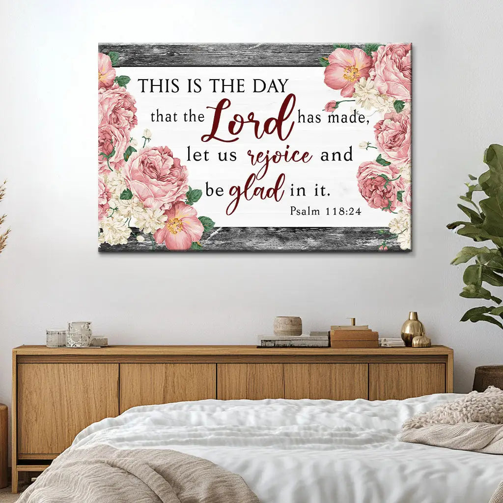 Psalm 118:24 wall art, "This is the day the Lord has made," grey wood and flowers design, faith-based home decor.