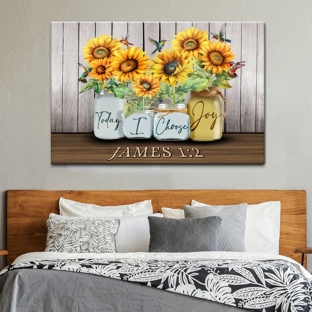 Inspirational wall art with James 1:2 Bible verse, sunflower vase, and hummingbird, ideal Christian gift for home decor.