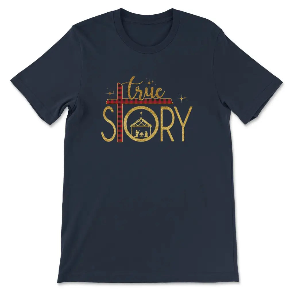 True Story cross buffalo plaid Christmas Christian t-shirt Navy / S
