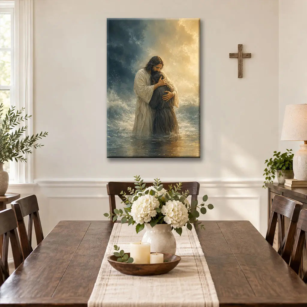 Woman Held by Jesus in the Storm Christian Canvas Wall Art