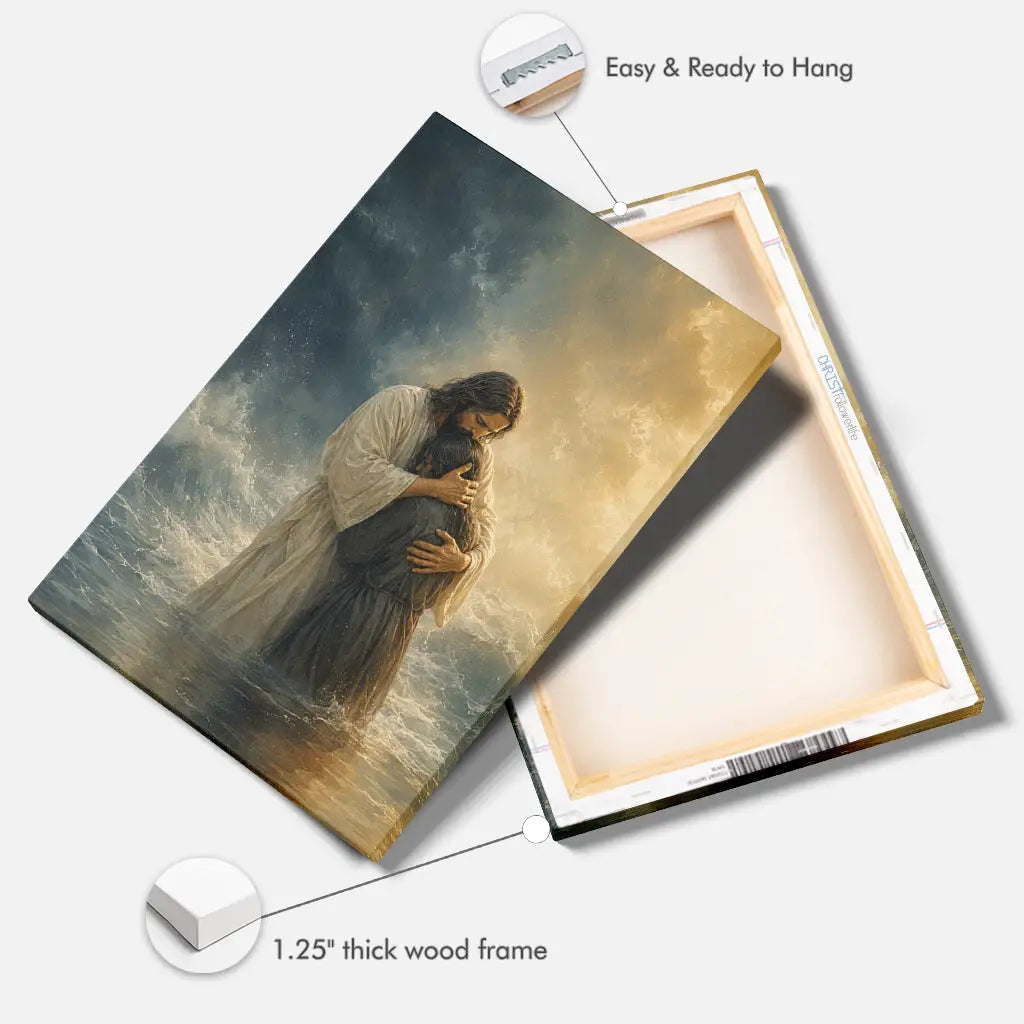 Woman Held by Jesus in the Storm Christian Canvas Wall Art