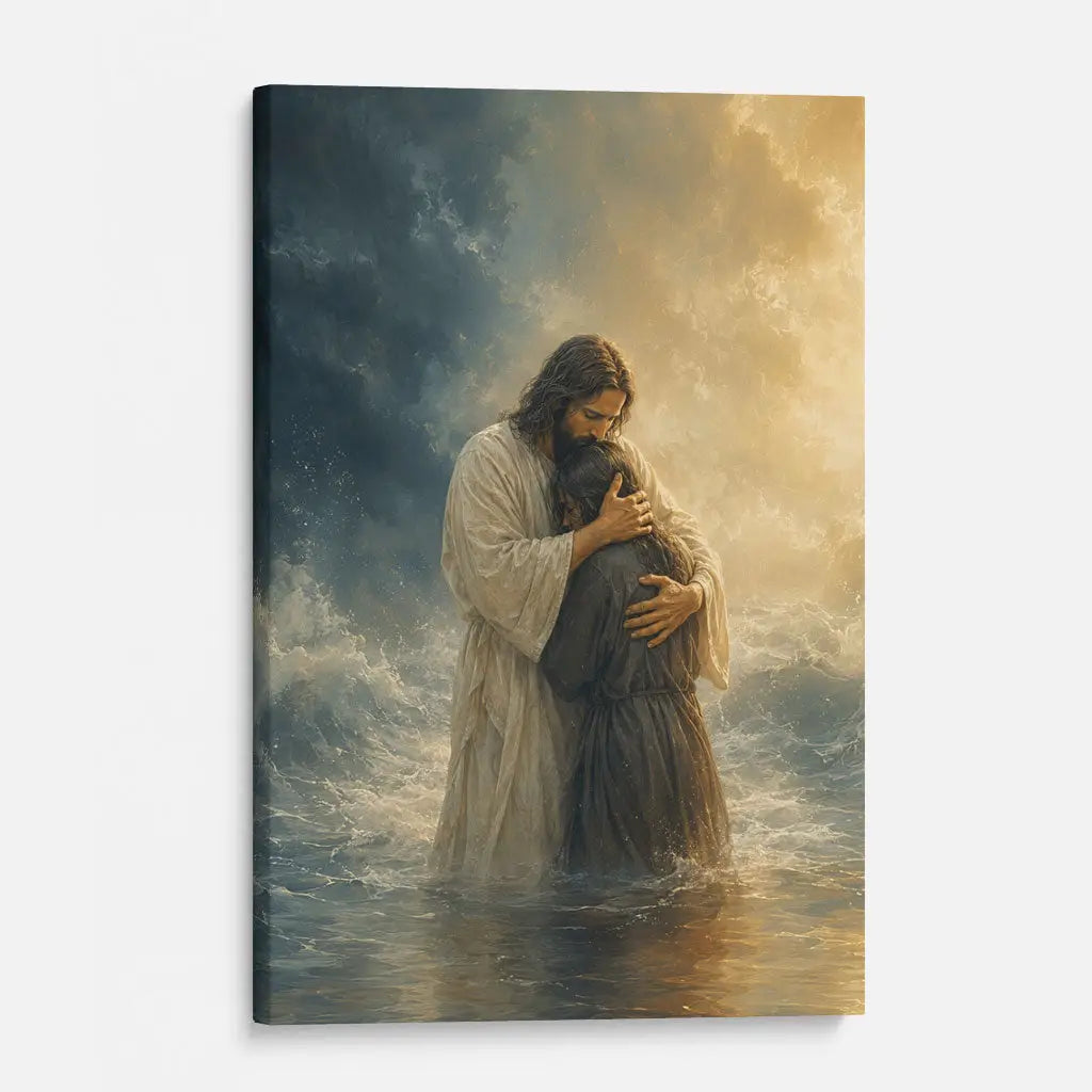 Woman Held by Jesus in the Storm Christian Canvas Wall Art
