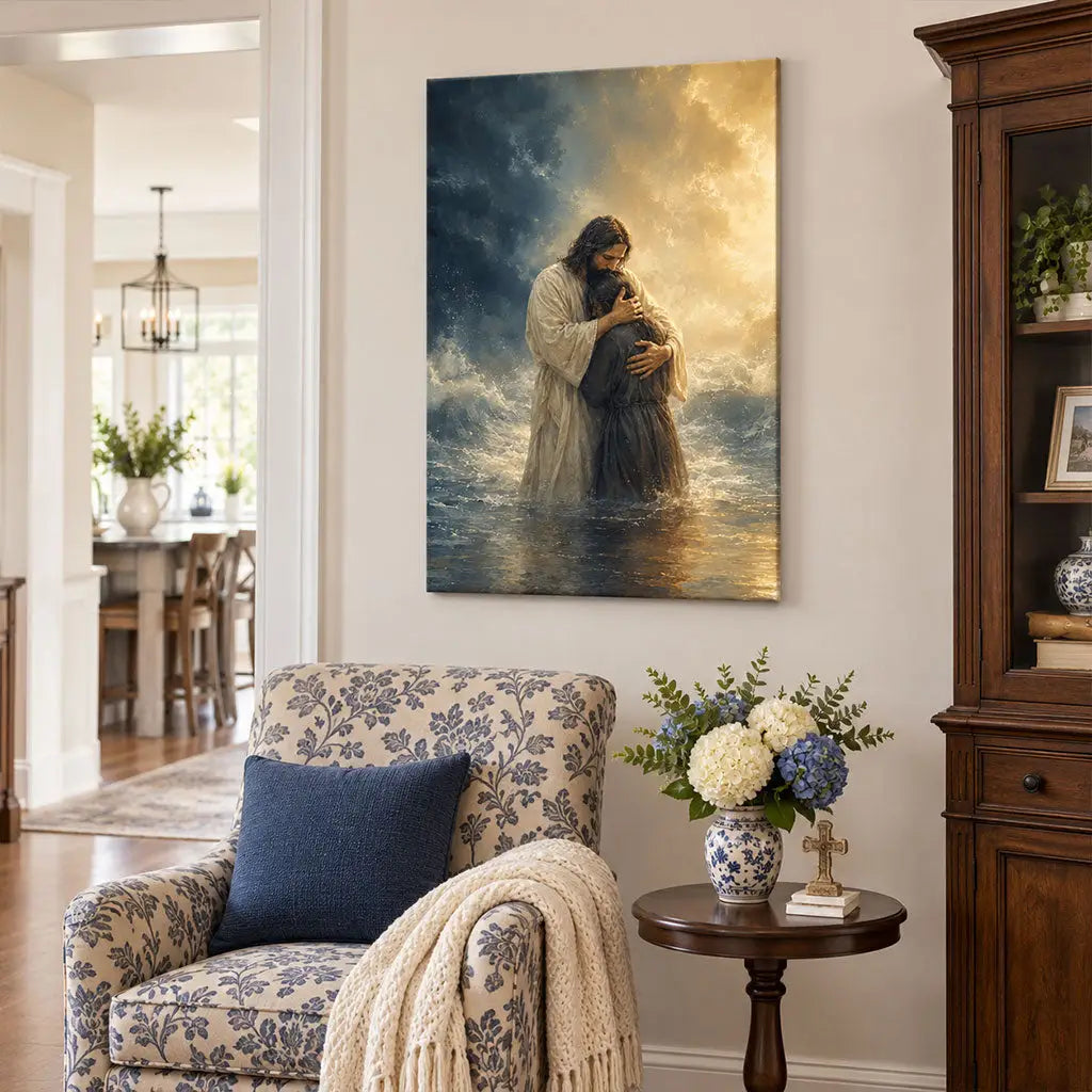 Woman Held by Jesus in the Storm Christian Canvas Wall Art