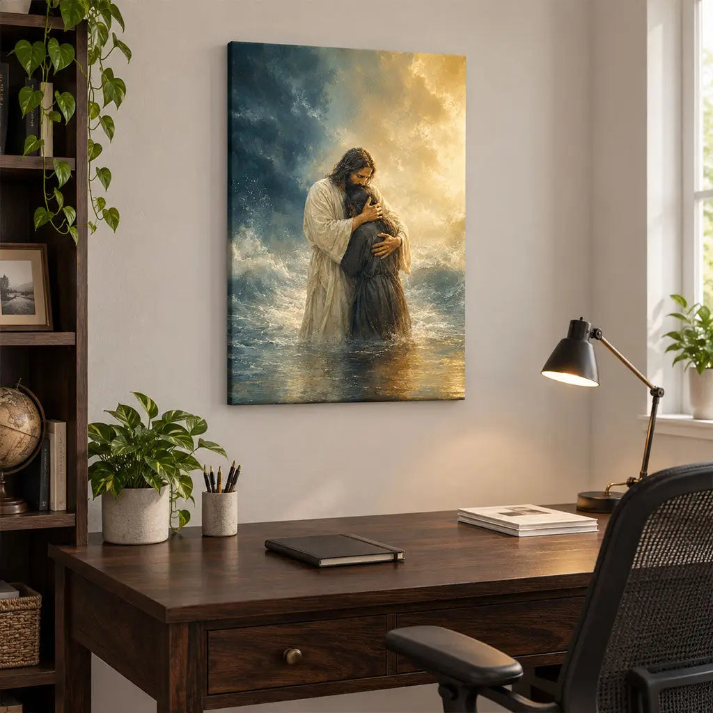 Woman Held by Jesus in the Storm Christian Canvas Wall Art