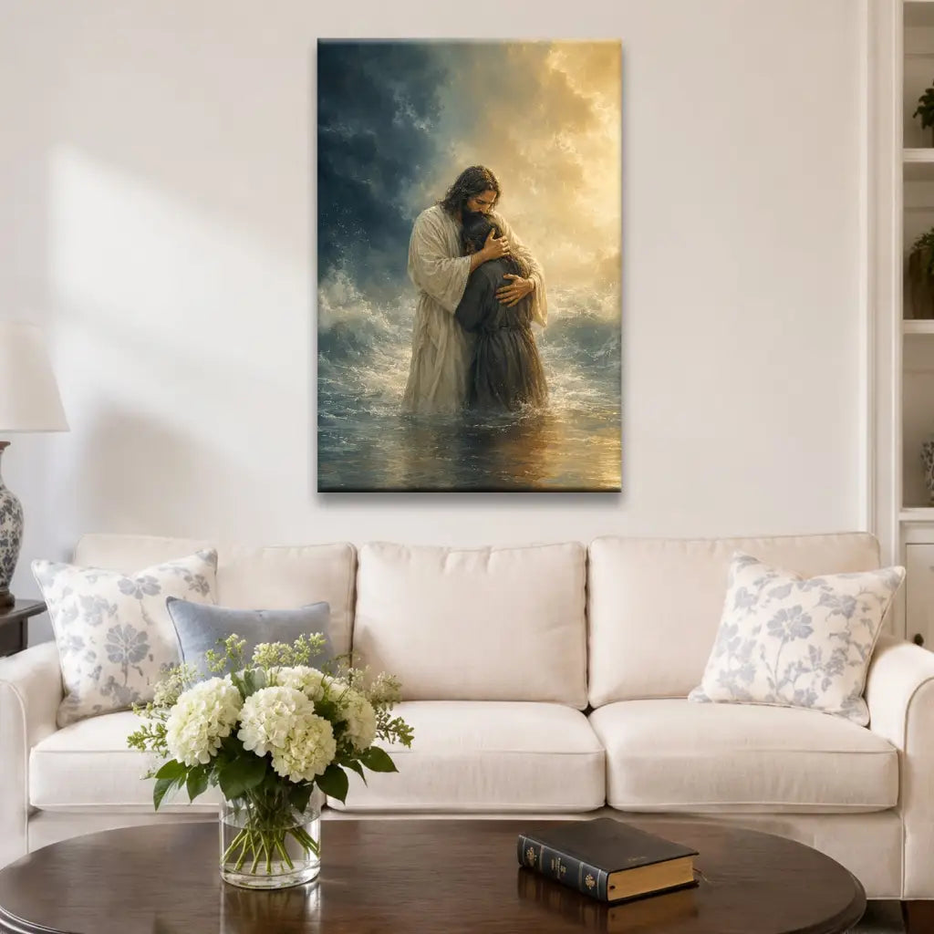 Woman Held by Jesus in the Storm Christian Canvas Wall Art