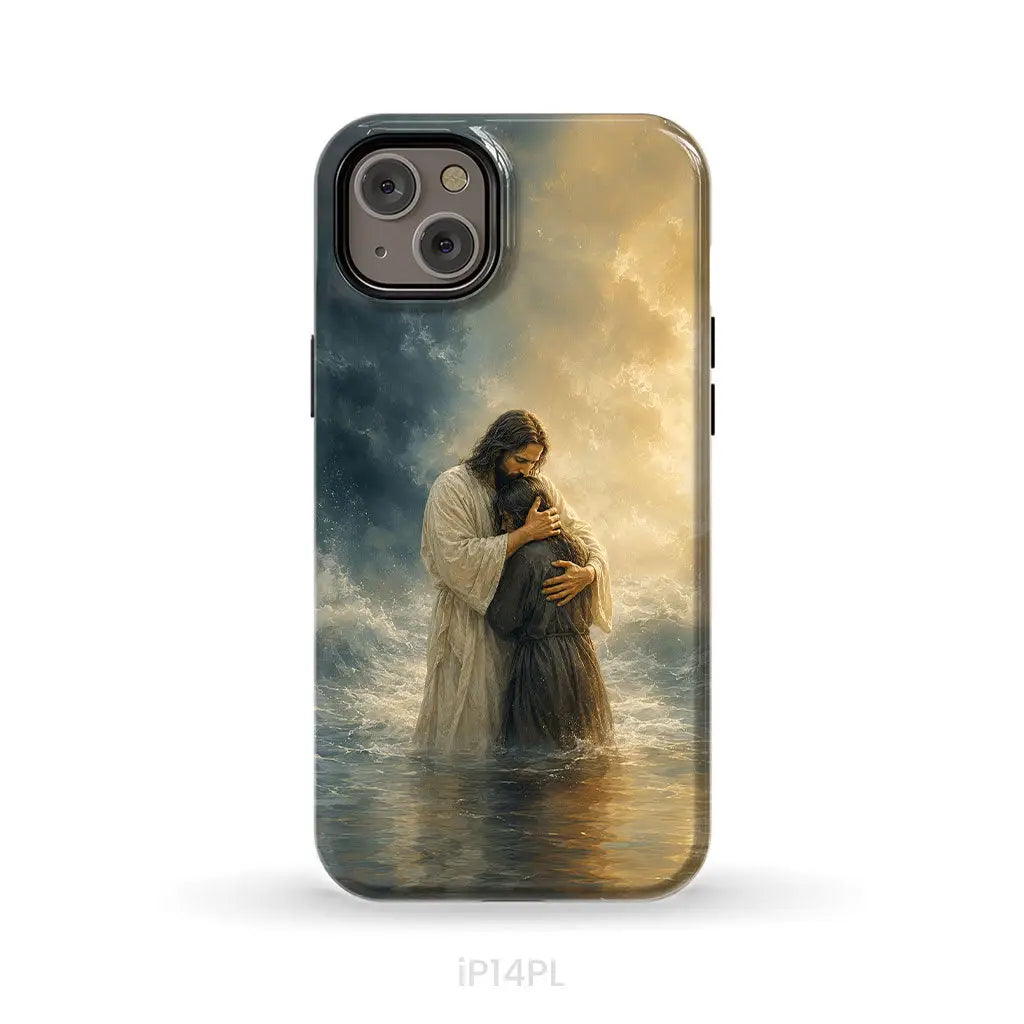 Woman Held by Jesus in the Storm Christian Phone Case iPhone 14 Plus / Tough Case