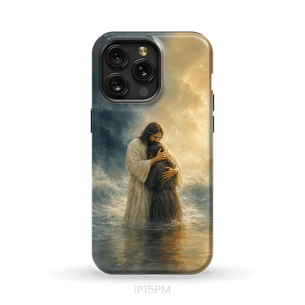 Woman Held by Jesus in the Storm Christian Phone Case iPhone 15 Pro Max / Tough Case