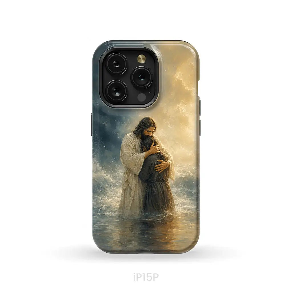 Woman Held by Jesus in the Storm Christian Phone Case iPhone 15 Pro / Tough Case