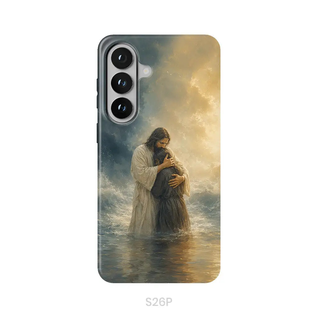 Woman Held by Jesus in the Storm Christian Phone Case Samsung Galaxy S26 Plus / Tough Case