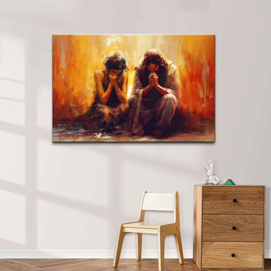 Faith-based canvas print with women and Jesus praying, great religious painting for Christian homes.