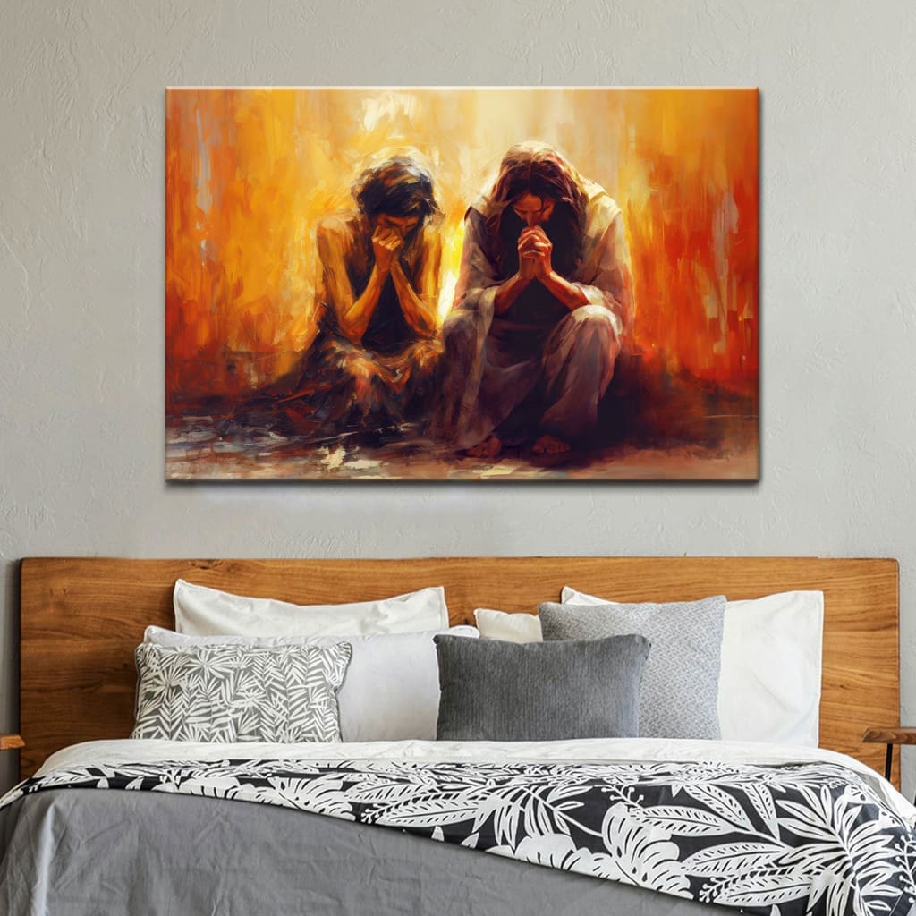 Inspirational wall art of women and Jesus praying, ideal Christian gift for scripture-inspired home decor.
