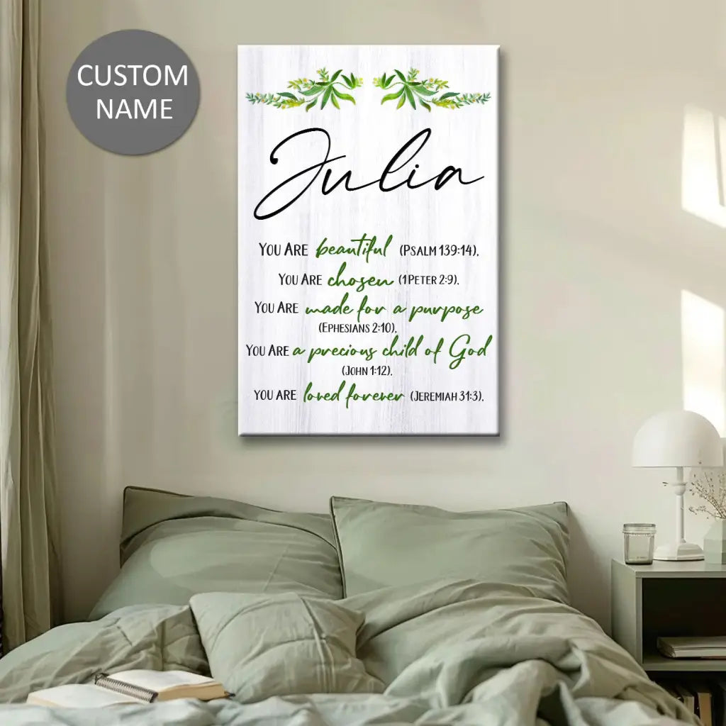 Faith-based wall art: "You Are Beautiful, Chosen, Made for a Purpose." Perfect for Christian home decor.
