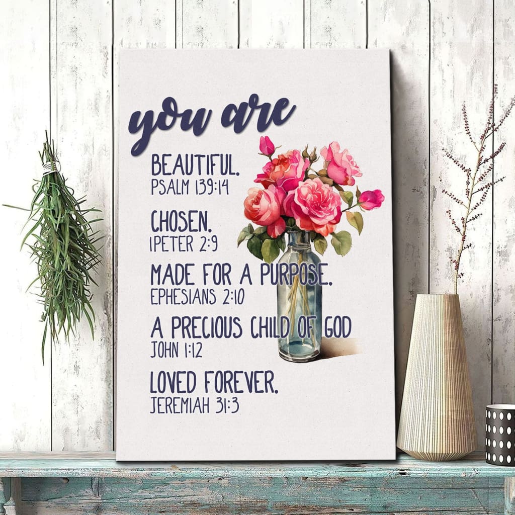 Christian wall art canvas featuring "You Are Who God Says You Are," with Bible verses, perfect faith-based decor.