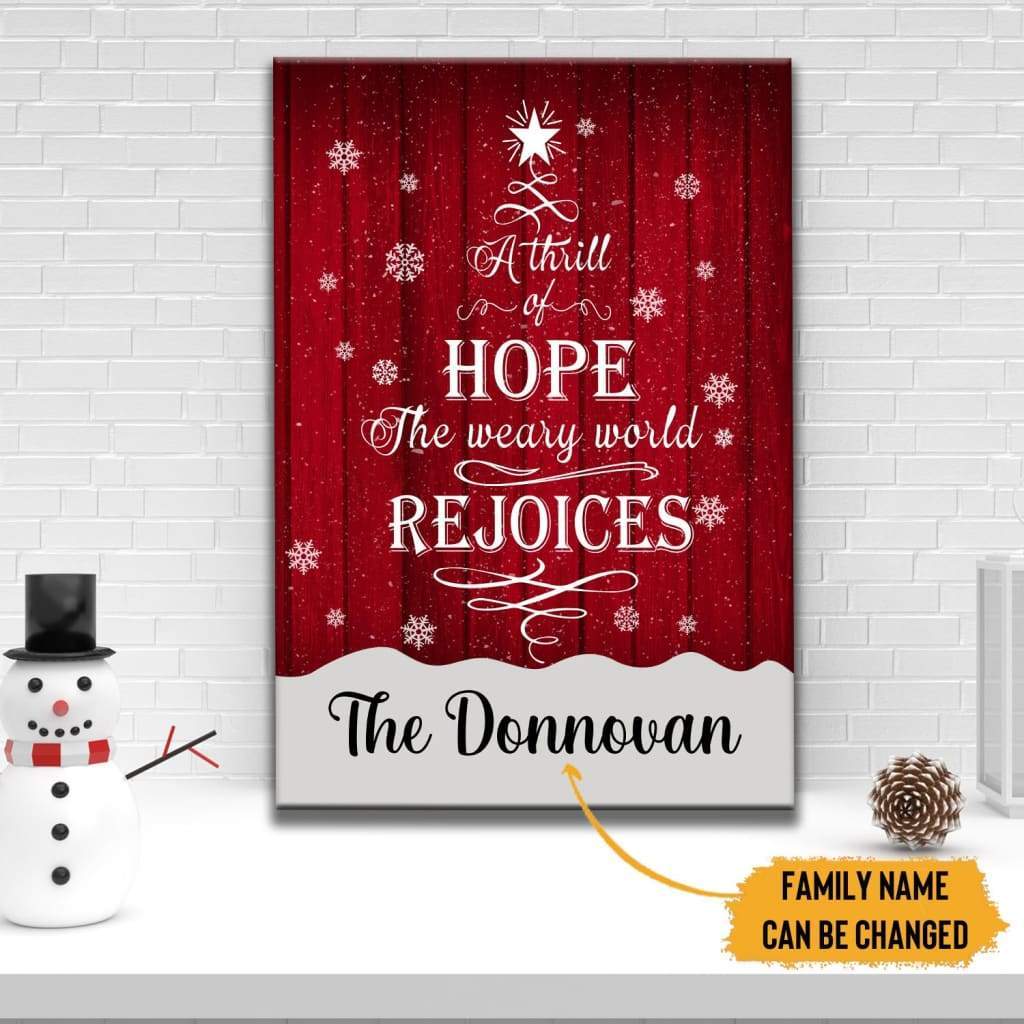 Christmas wall art featuring "A Thrill of Hope the Weary World Rejoices," perfect personalized family faith-based holiday decor.
